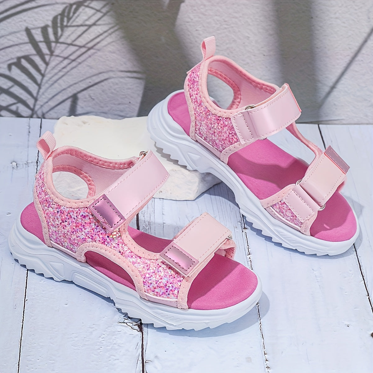 Girls Pink Glitter Sandals Lightweight Breathable EVA Sole Adjustable Straps for Summer Casual Wear