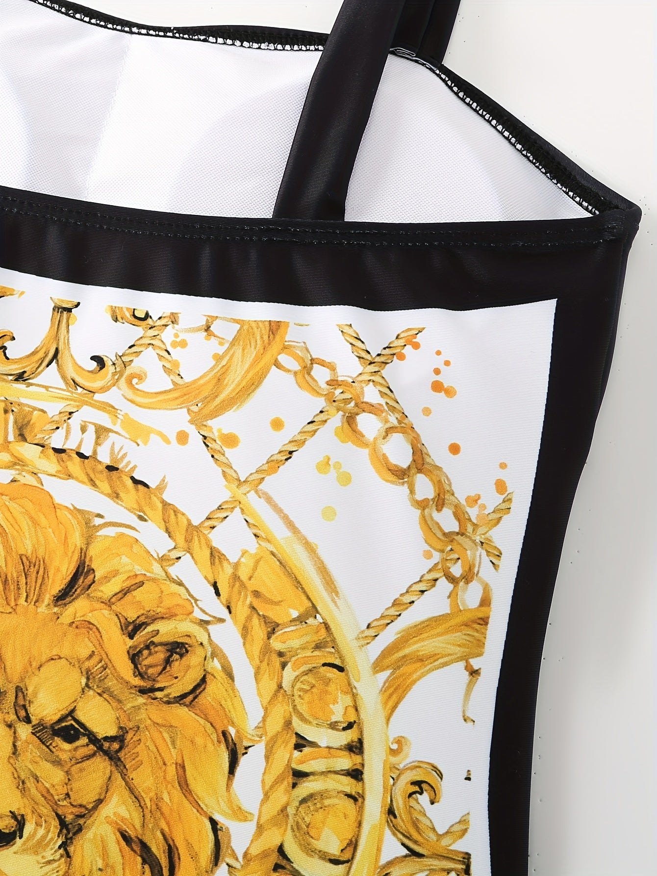 Golden Tone Lion Print Two-Piece Swimsuit with Bowknot Shoulder and Mesh Cover Up