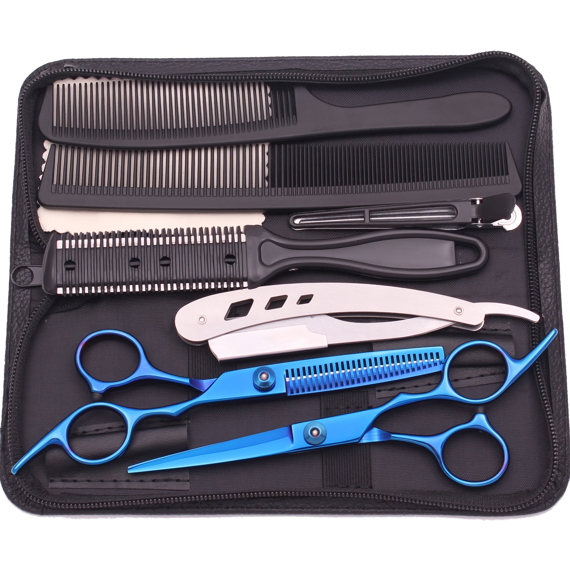 Unisex Hair Cutting Scissors and Thinning Shears Set for Barbershops and Salons with Combs and Razor