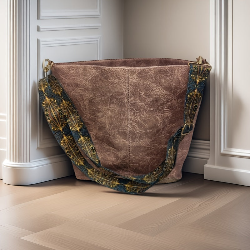 Bohemian Style Geometric PU Leather Hobo Bag for Going Out Light Brown