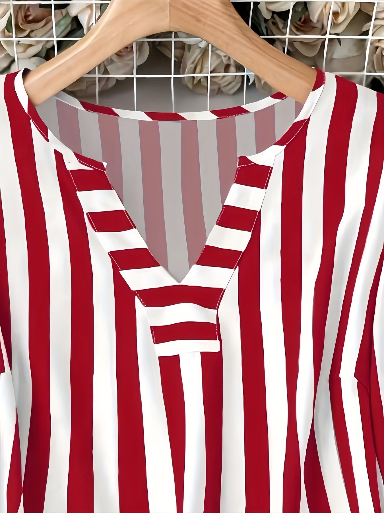 Women's Plus Size V-Neck T-Shirt with Stripes and Ruffled Sleeves