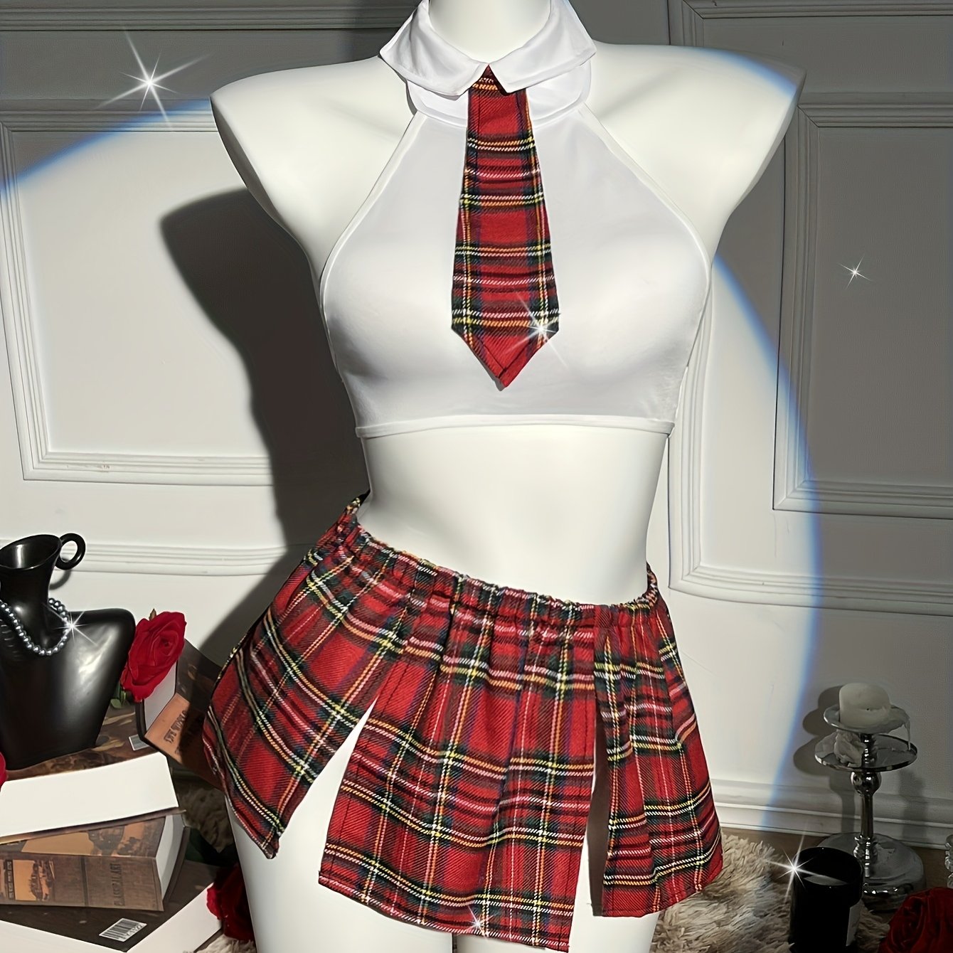 Women’s Plaid Lingerie Set with Crop Top Tie Thong and Skirt