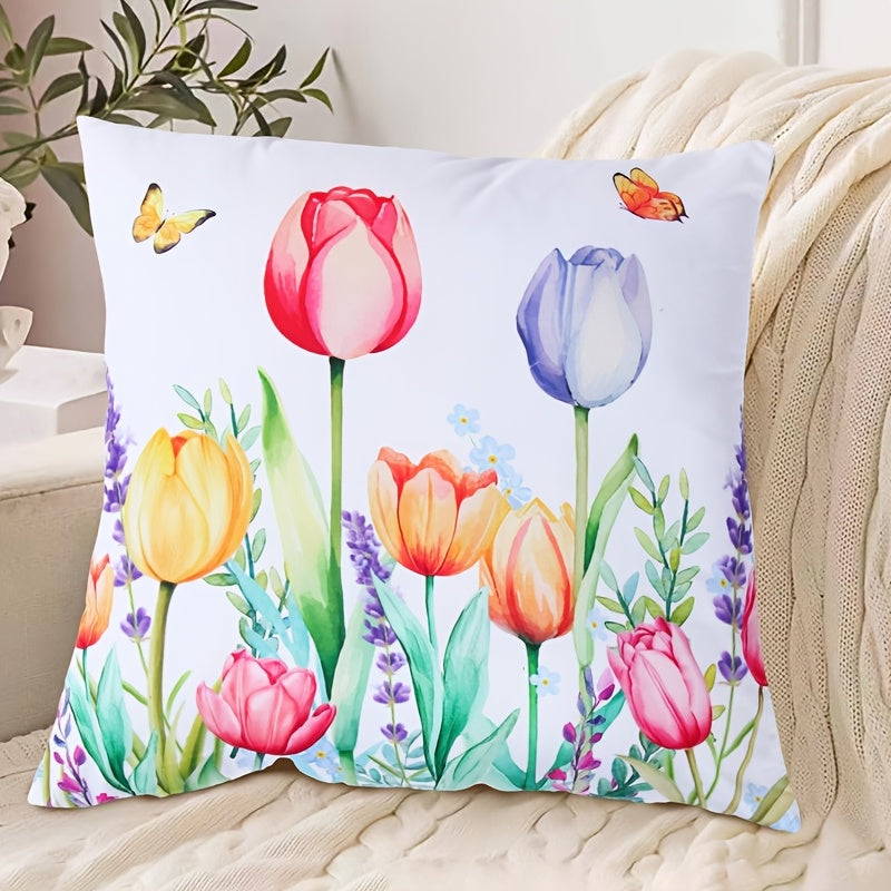 Decorative Pillow Cover Floral Butterfly Print Polyester Zipper Machine Washable