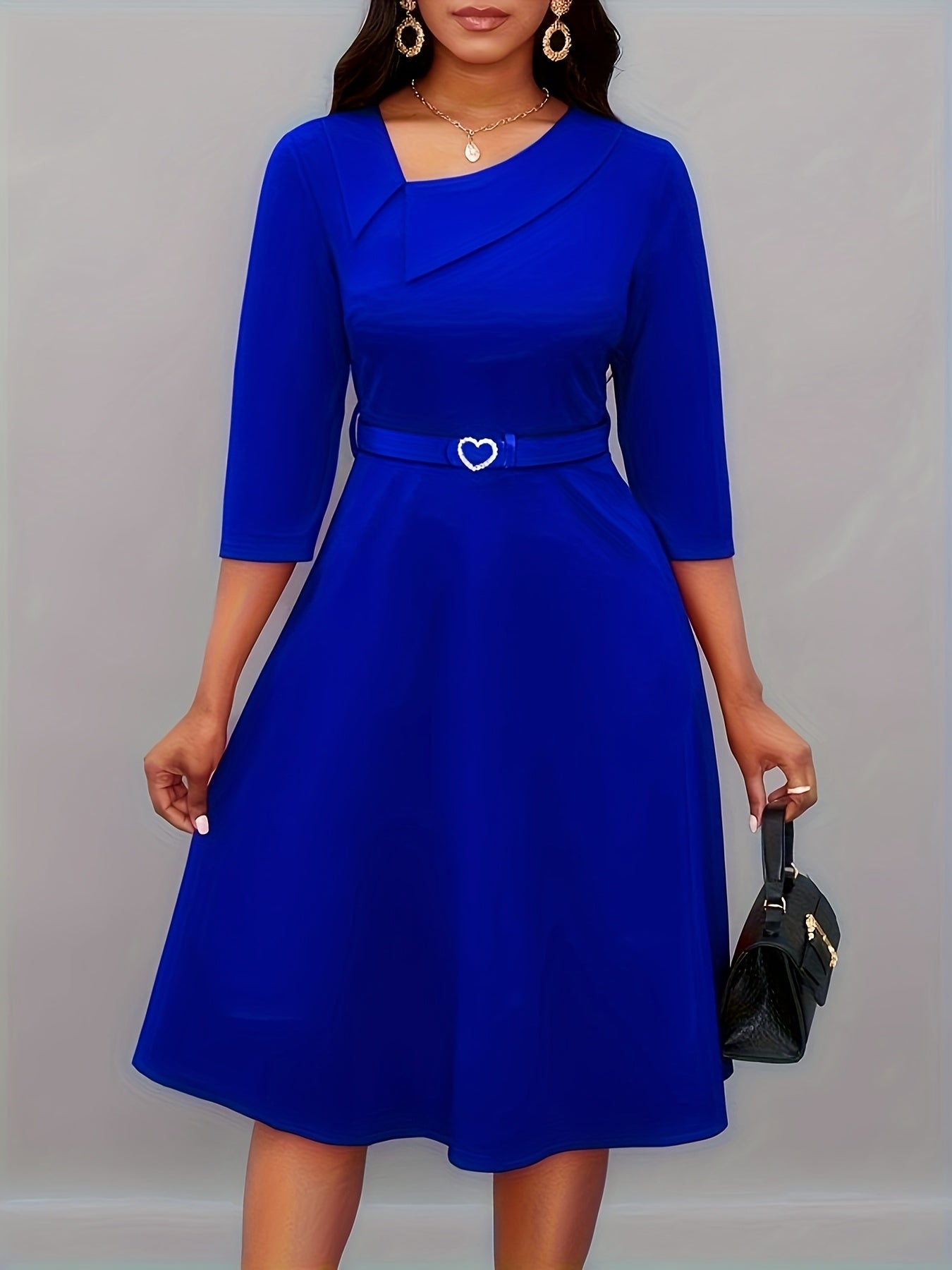 Women’s Navy Blue Pleated Maxi Dress with Belt and Asymmetrical Neckline