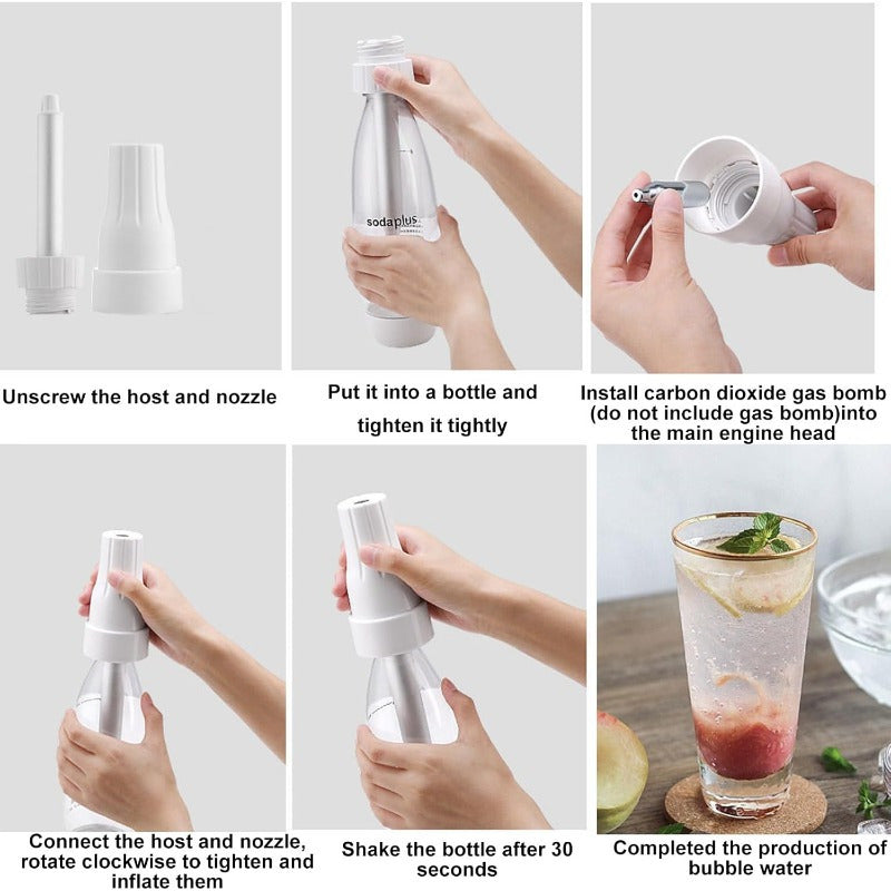 Qulay foydalanish uchun portativ soda tayyorlash mashinasi. Limon va muz kubi bilan bezatilgan 1L gazli suv tarqatuvchi. Uyda va ochiq havoda foydalanish uchun ideal. Oq, mustahkam plastmassa konstruktsiya.