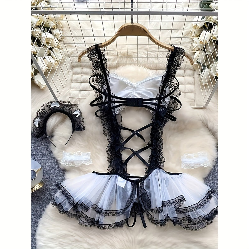 Mesh Teddy Bodysuit Lingerie Set with Lace Trim and Bow Accent