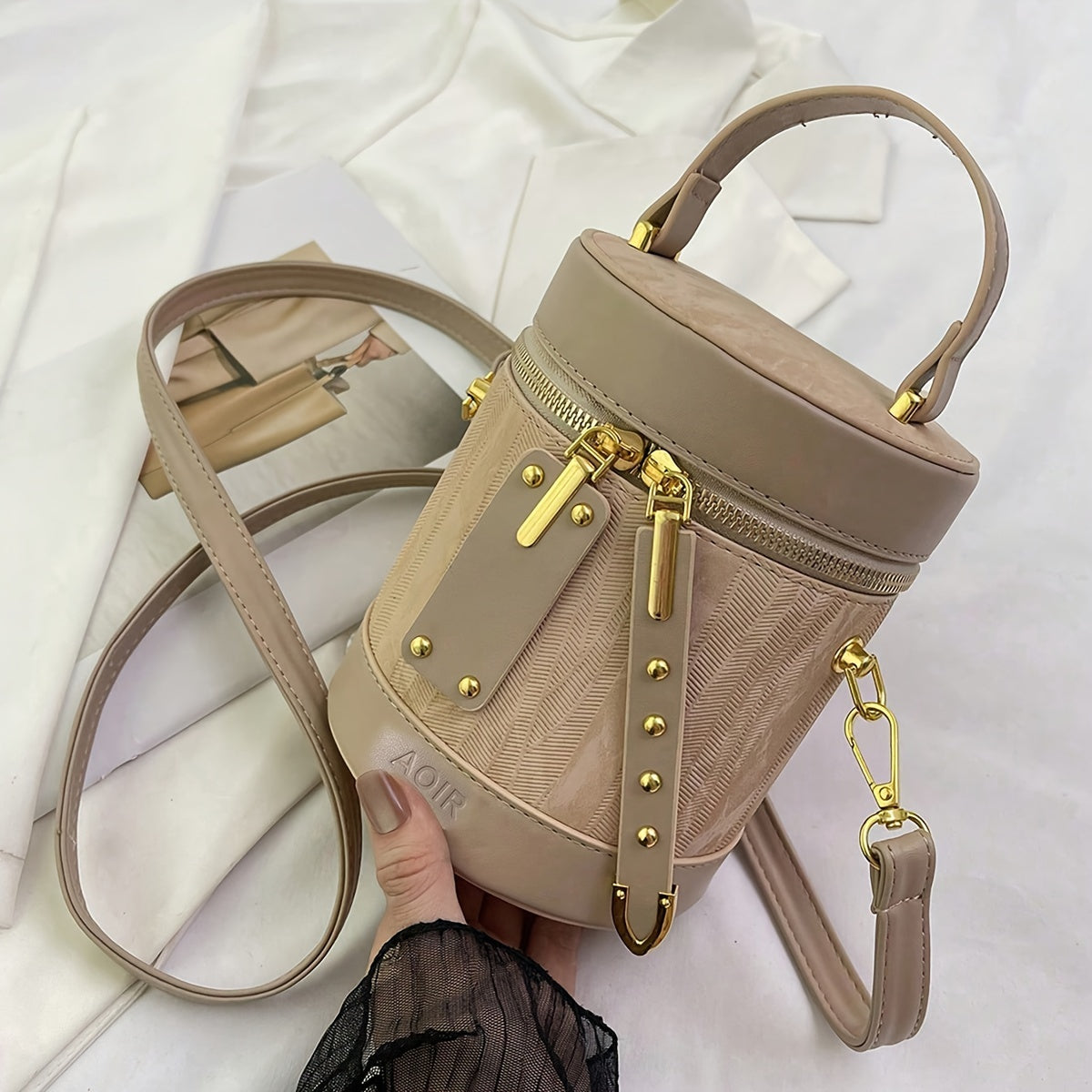 Striped PU Crossbody Bag for Women with Adjustable Strap and Zipper Closure