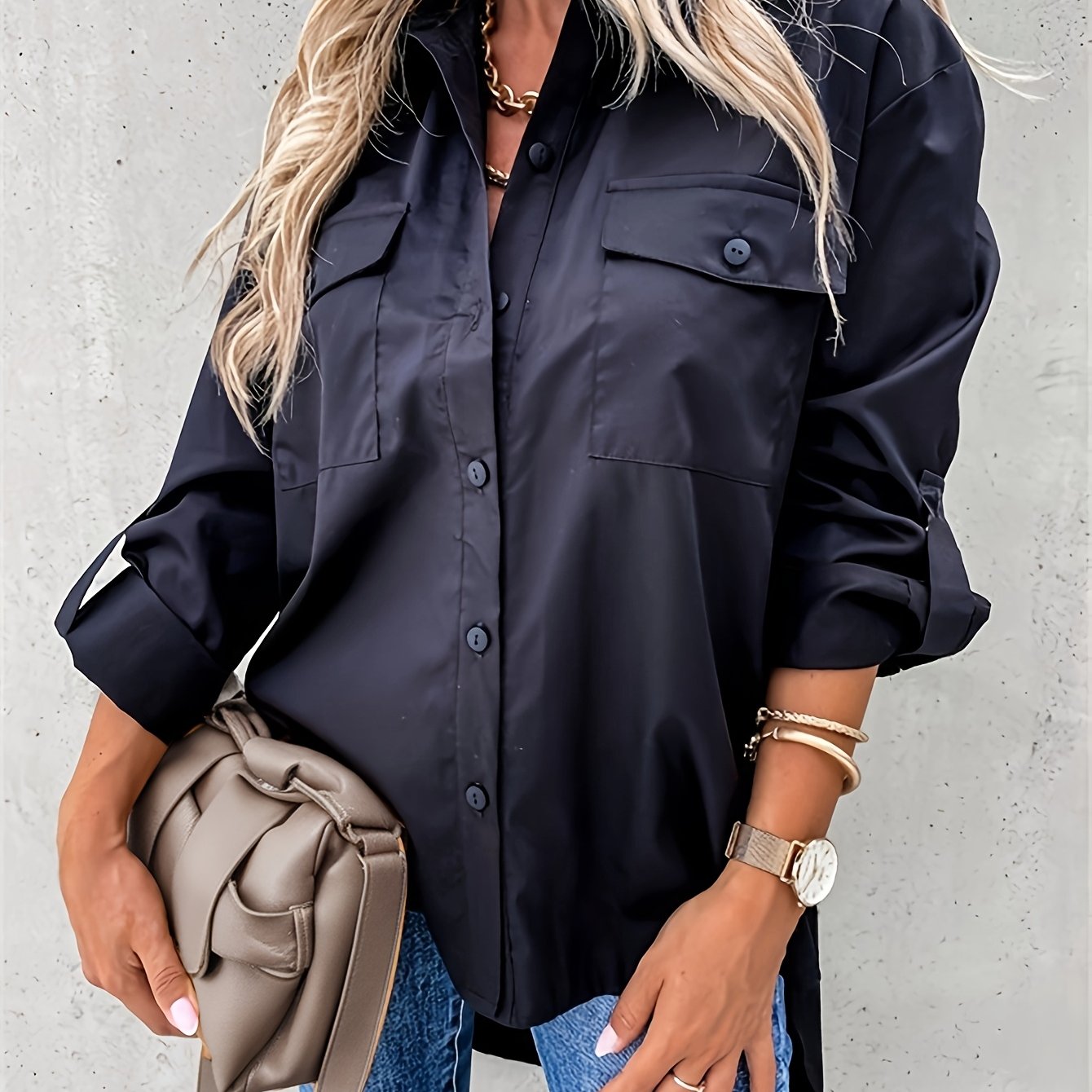 Plus Size Women's Chambray Short Sleeve Button-Up Shirt Casual Office Wear