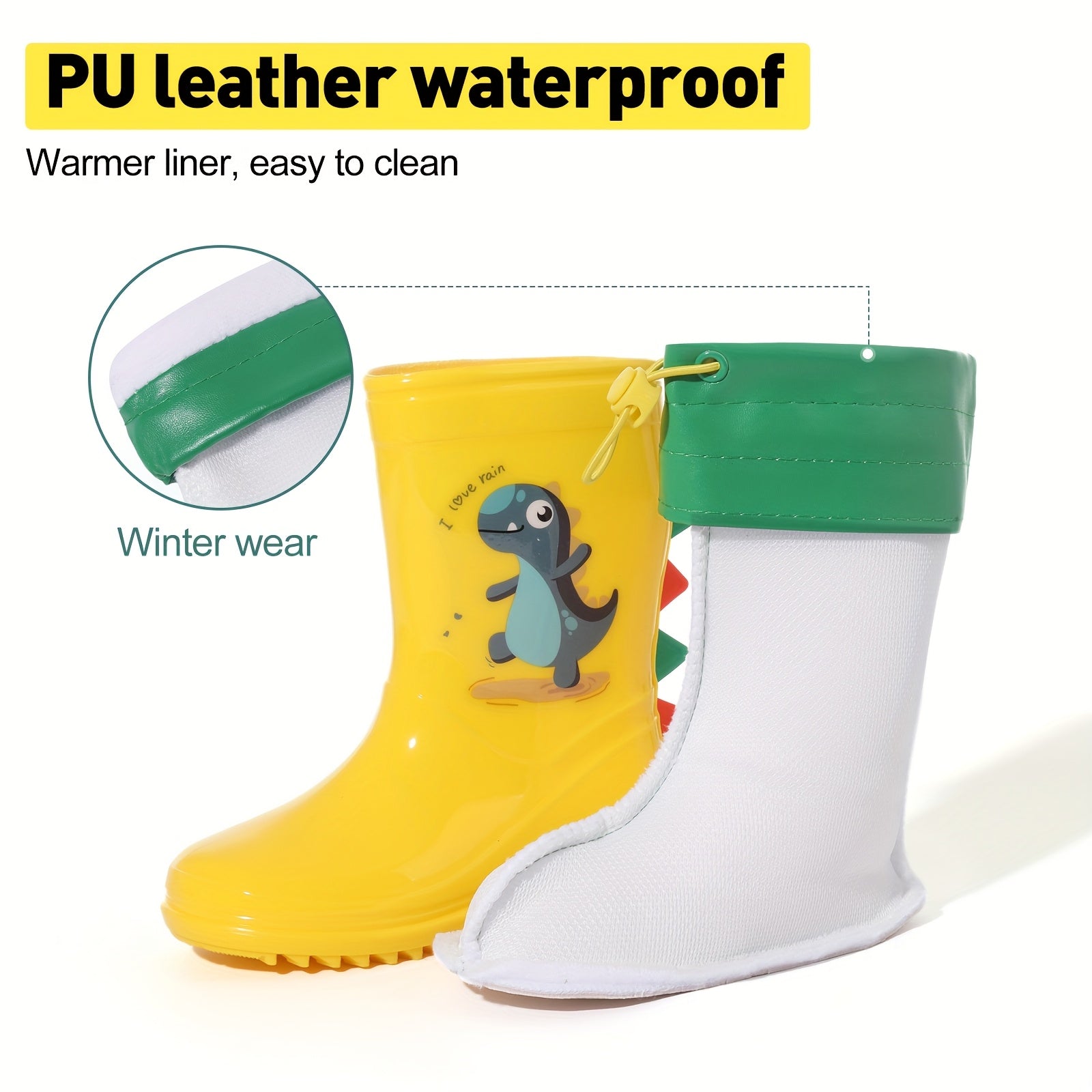 Kids Dinosaur Rain Boots Waterproof Non-Slip Thermal Detachable All-Season
