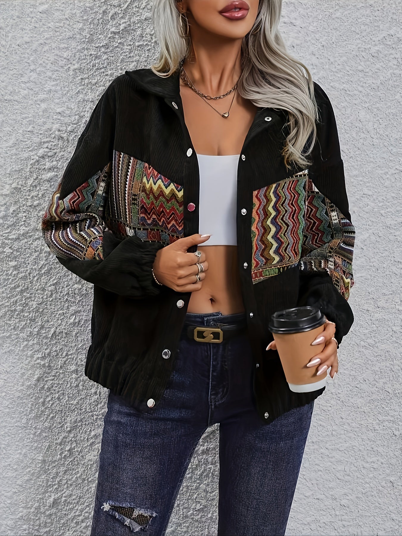 Women's Casual Tribal Print Coat with Geometric Pattern for Spring and Fall