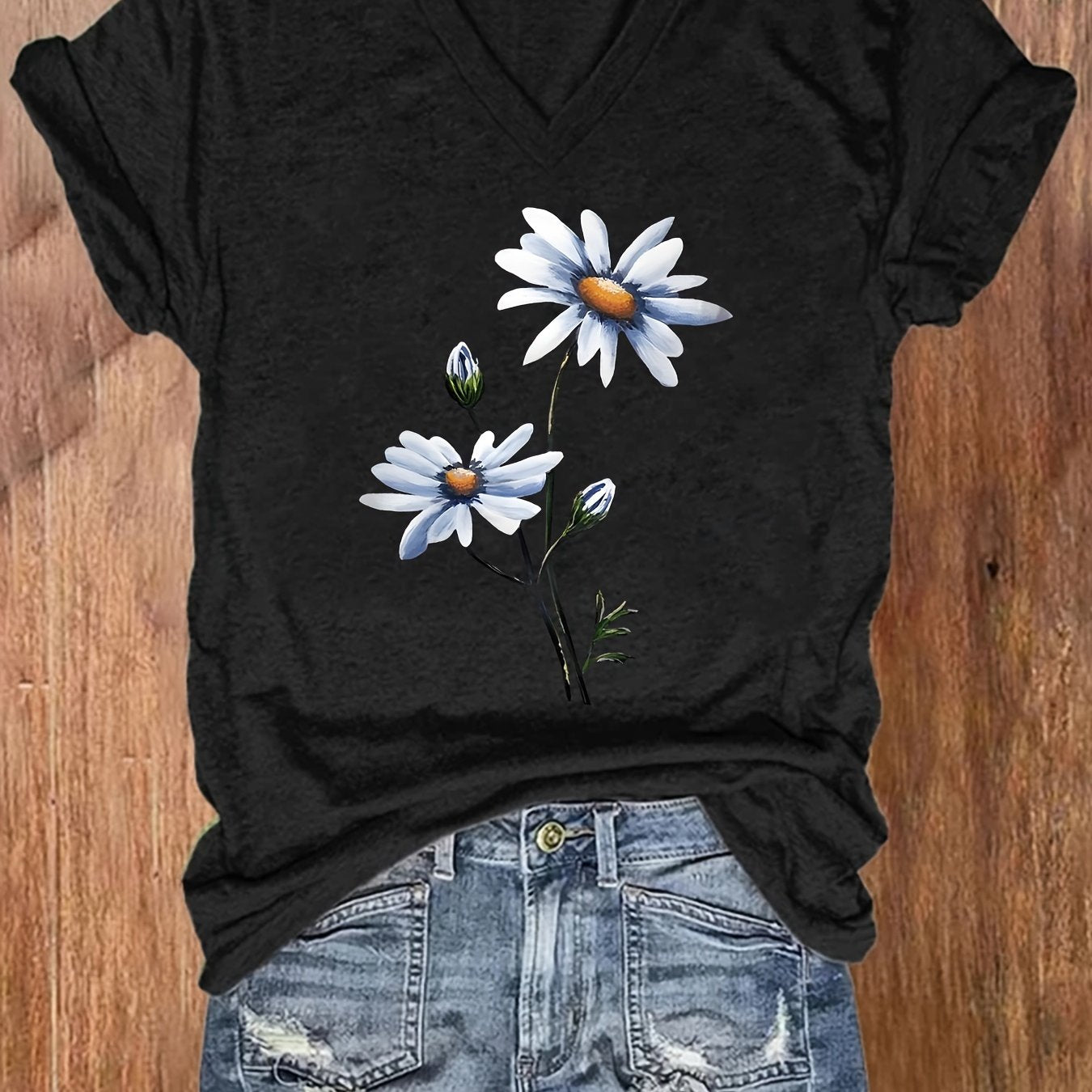 Women's Loose Fit V-Neck Short Sleeve Casual Top for Europe and US