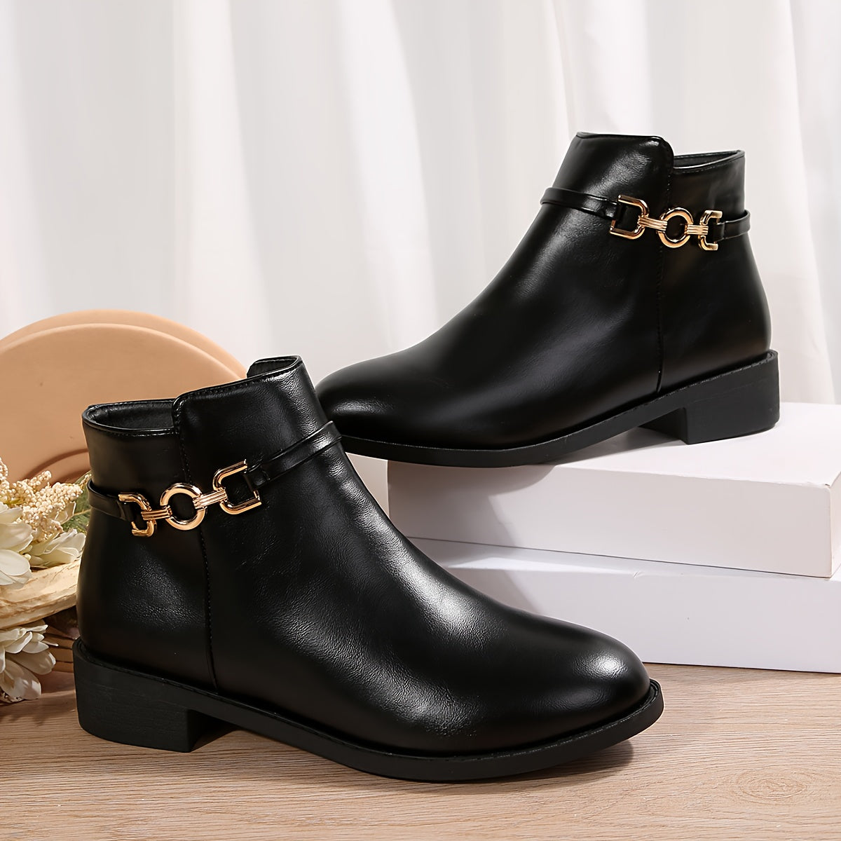Women's Ankle Boots Leather Thick Heels Side Zippers Buckles