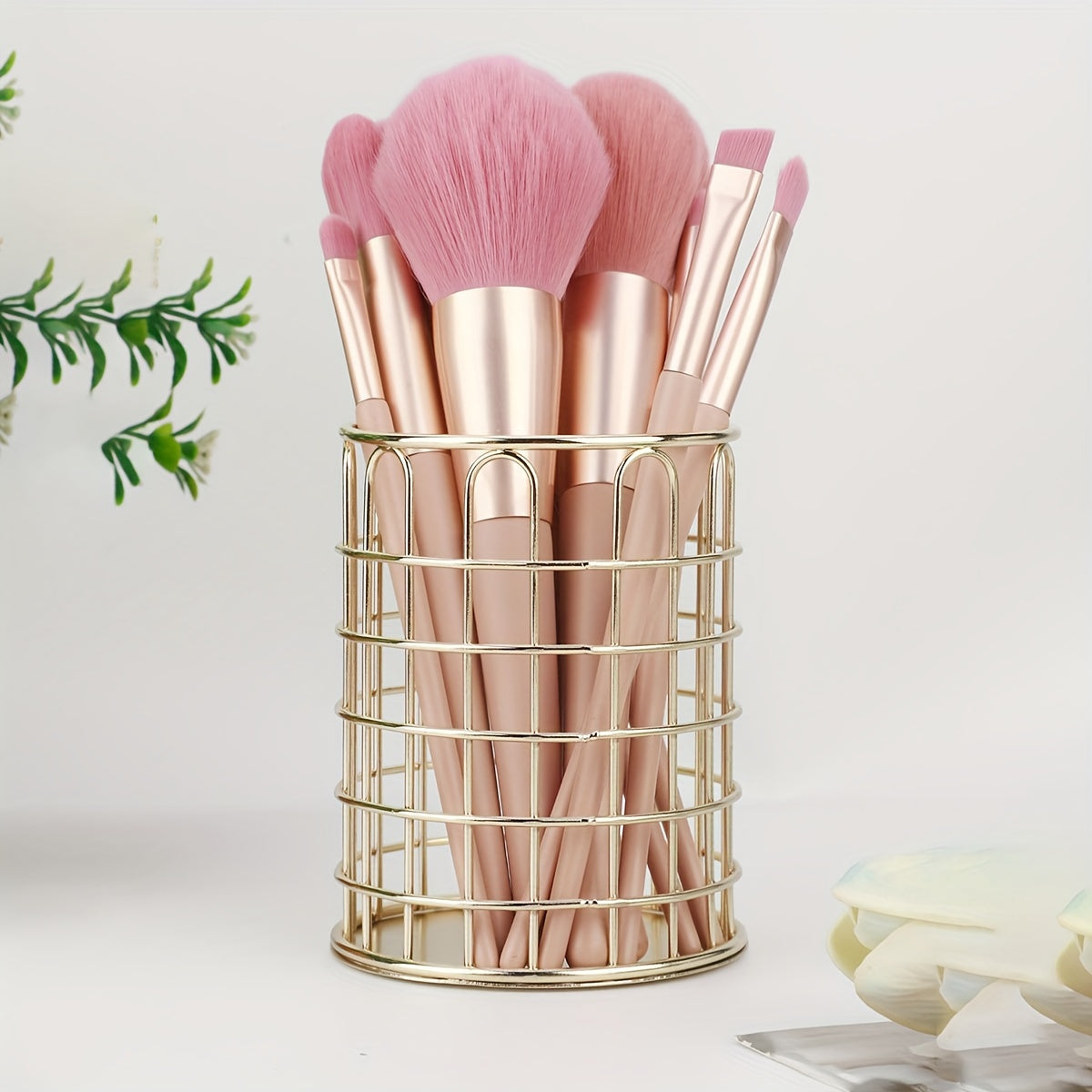 Golden Iron Makeup Brush Holder Rust Resistant Polished Finish Desktop Organizer