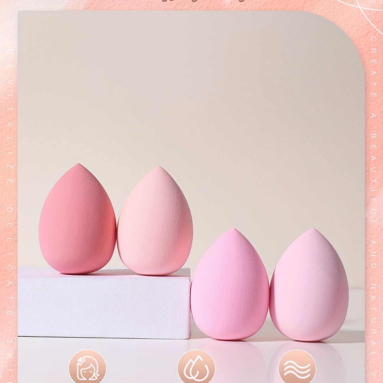 Kit de esponjas de maquillaje rosa de 4 piezas, esponjas en forma de gota de agua para líquidos y polvos