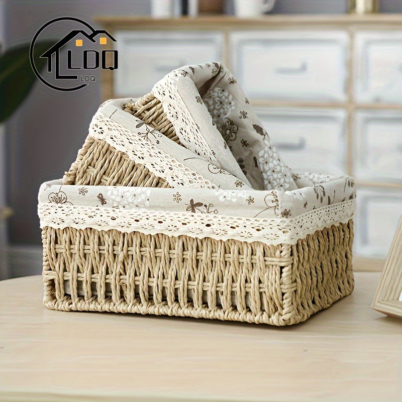 Set of 3 Handmade Rattan Storage Baskets with Lace Accents for Cosmetics and Sundries