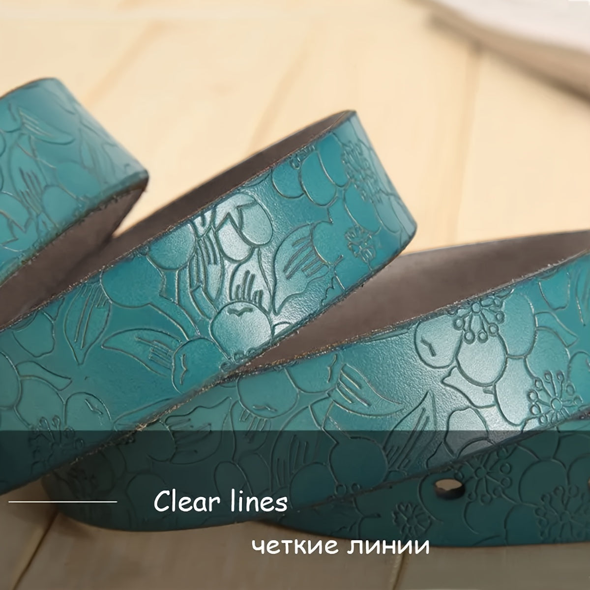 Women's Leather Flower Embossed Belt with Vintage Pin Buckle for Casual Jeans