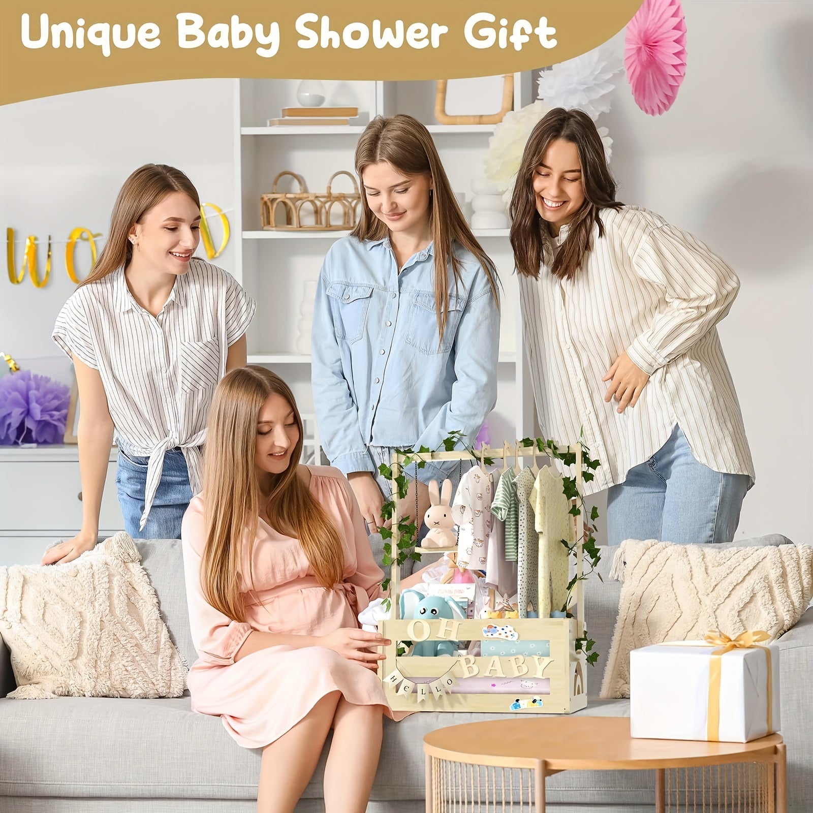 Baby Gift Basket for New Parents with Wood Accents and Vine Details