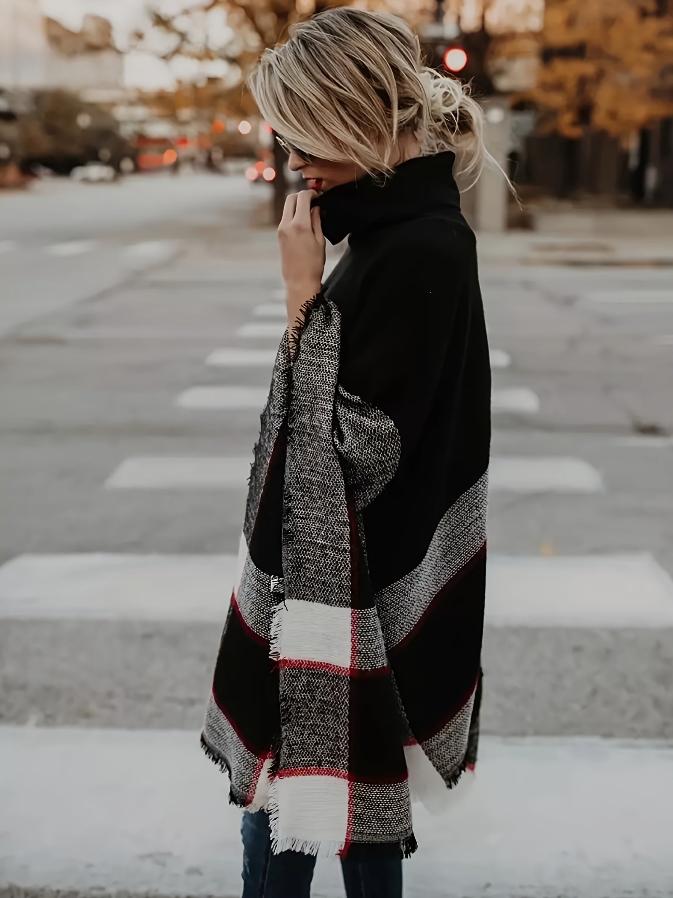 Plus Size Women's Acrylic Plaid Oversized Batwing Sweater Coat Autumn Winter Casual Layering