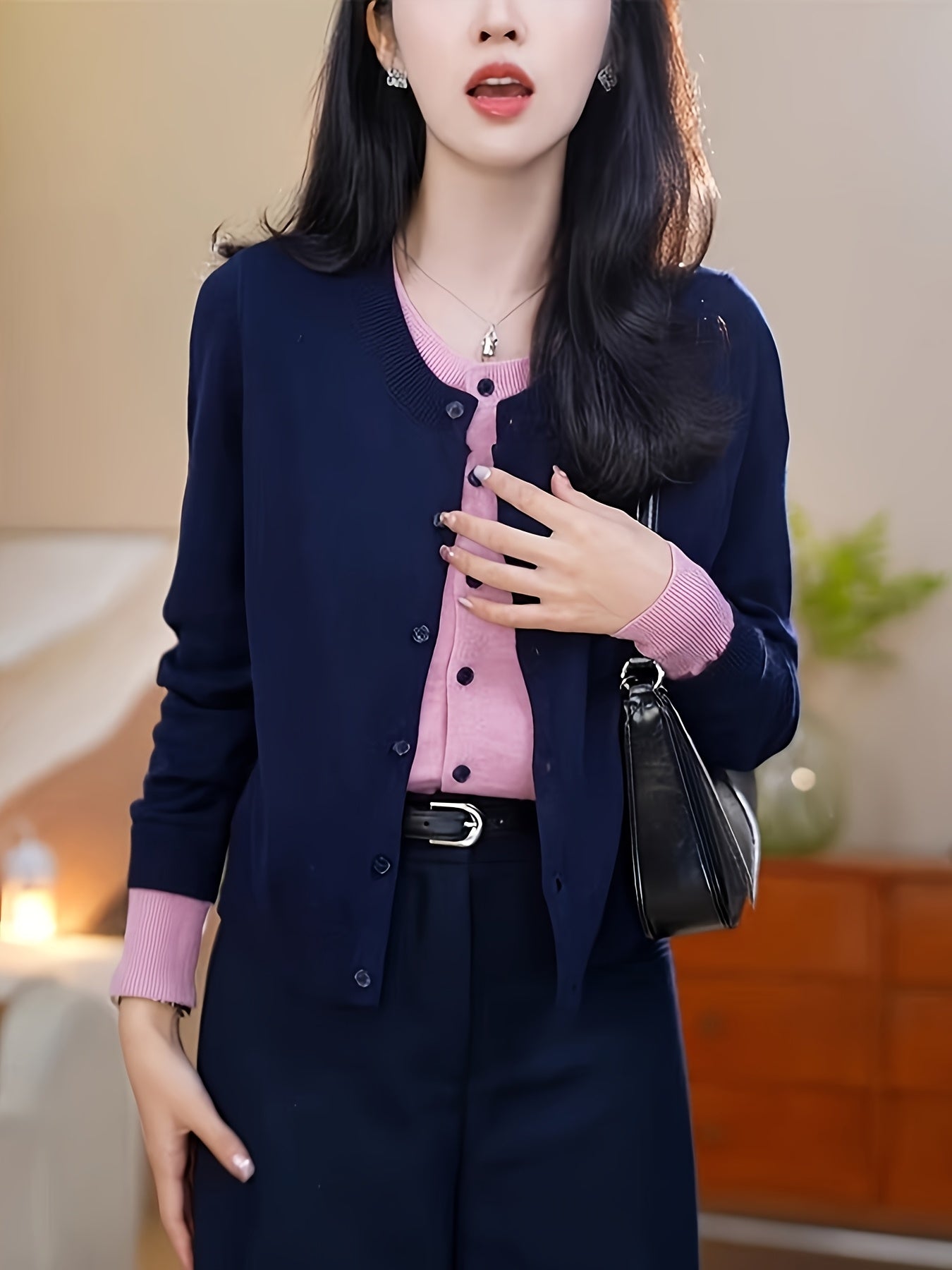 Plus Size Women's Sweater Two-Piece Color Block Round Neck Long Sleeve