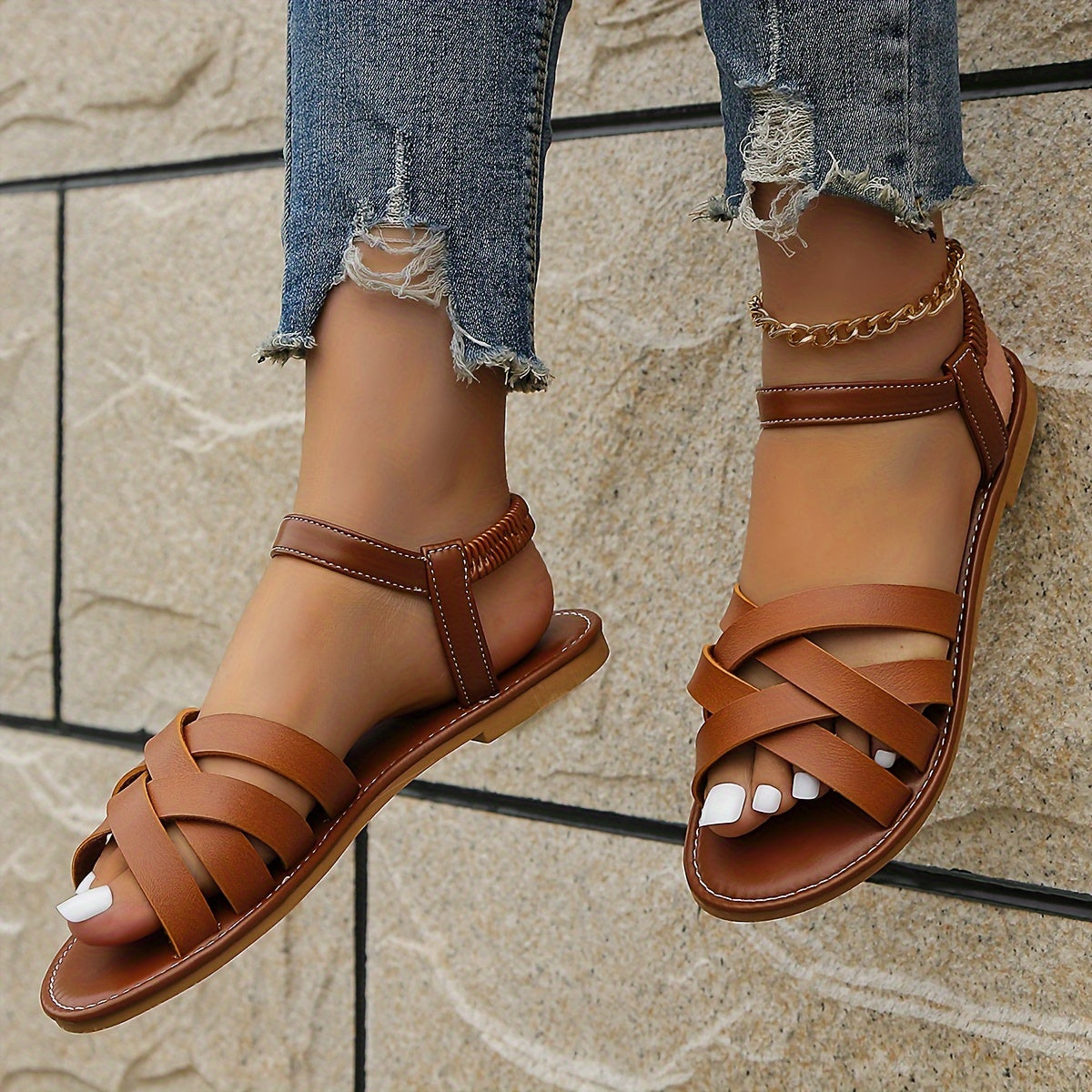 Women’s Summer Slip-On Flat Sandals with Adjustable Strap and Rubber Sole