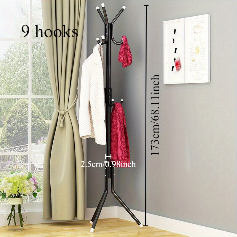 Black Metal Coat Rack with Single Rod and Hooks for Household Storage