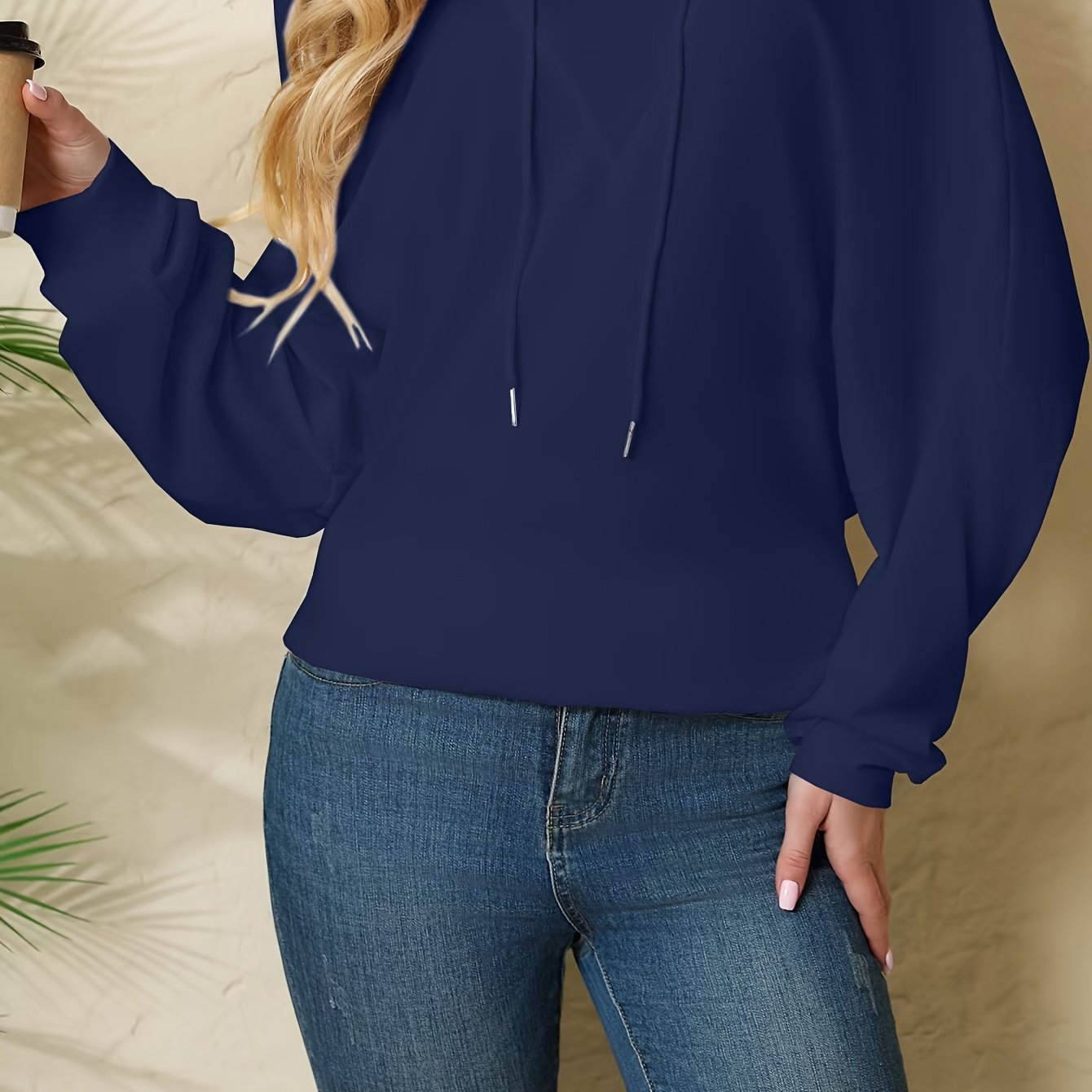 Women’s Polyester Knit Off-Shoulder Pullover Sweatshirt with Drawstring