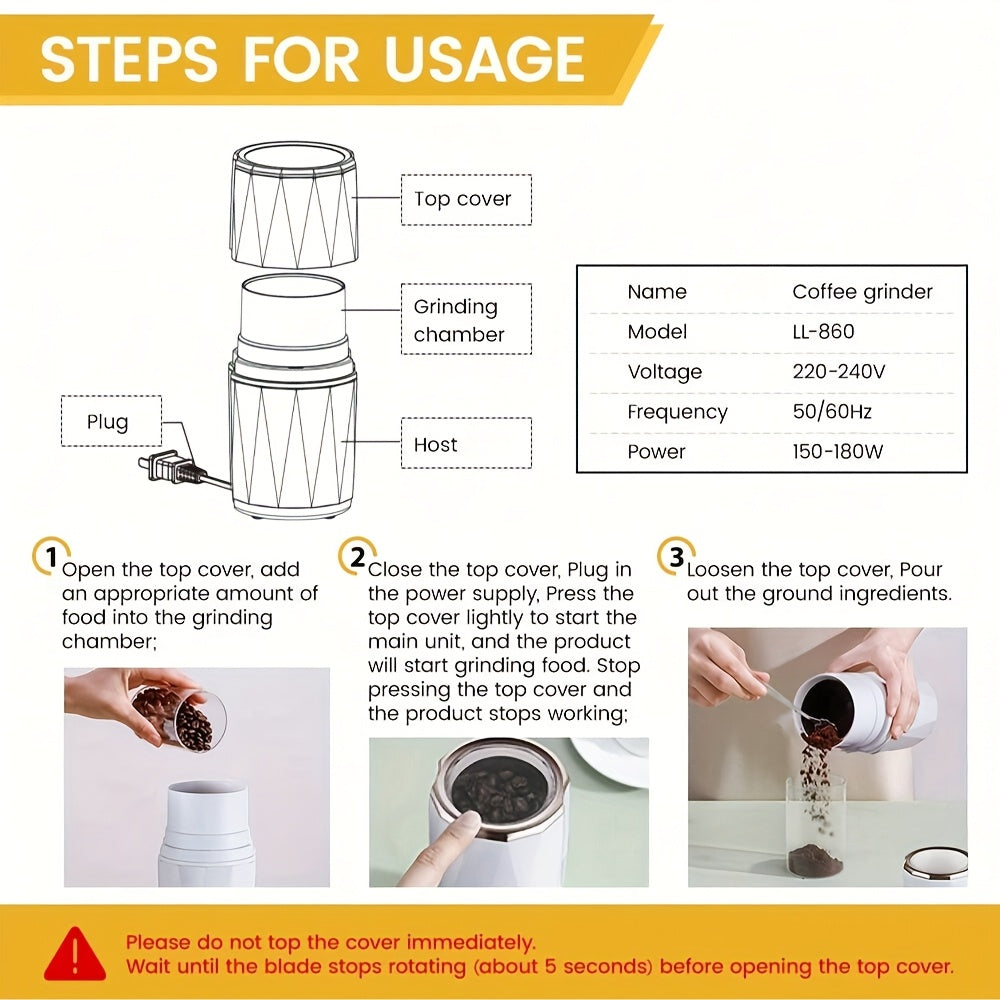 Kofe donalari, ziravorlar, yong‘oqlar va chili qalampirlari uchun ko‘p funksiyali elektr maydalagich, zanglamaydigan po‘latdan yasalgan pichoq bilan. Zamonaviy qora dizaynda oson bir bosish bilan ishlash.