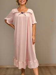 Plus Size Women's Casual Pink Ruffle Short Sleeve Midi Nightgown