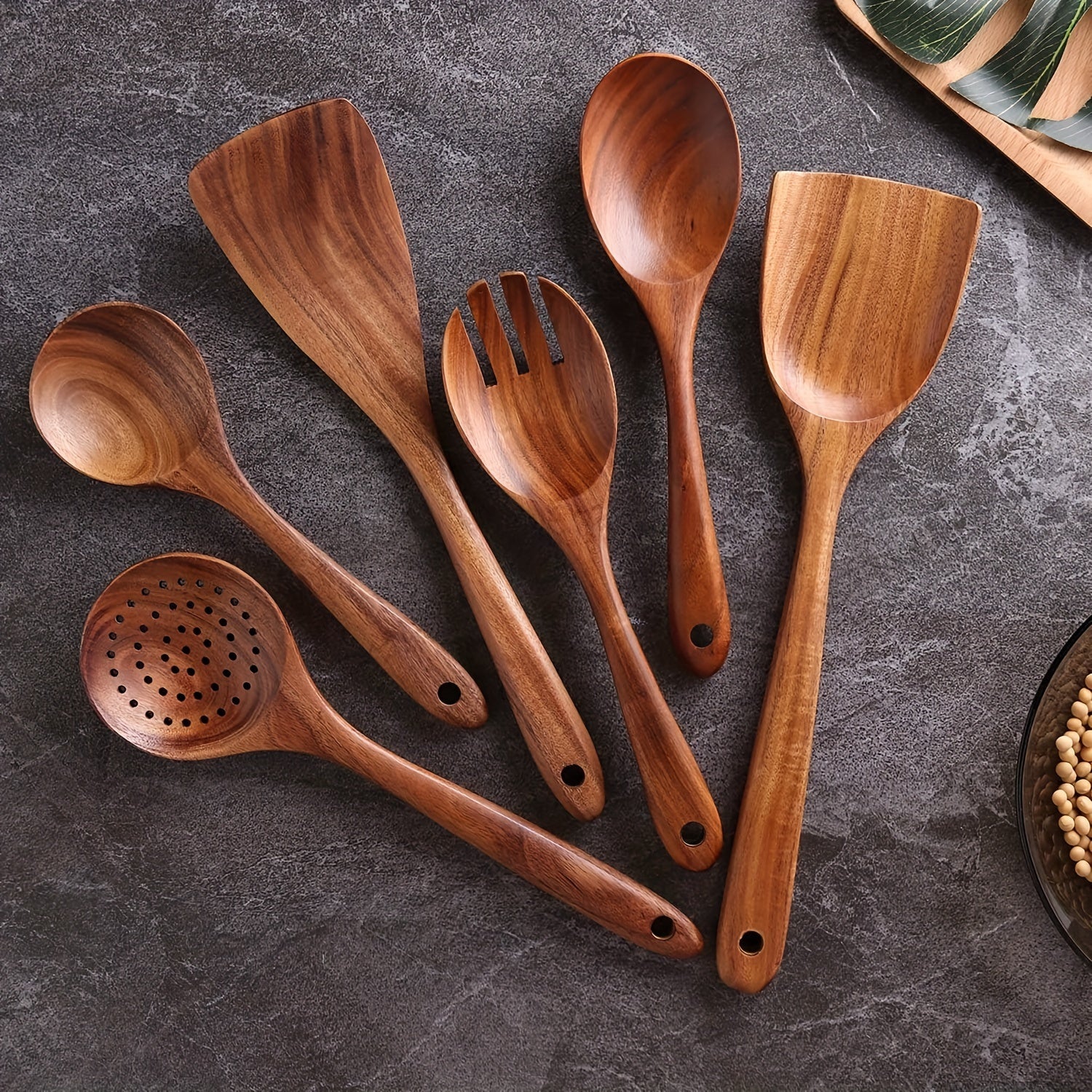 Juego de 7 utensilios de cocina de madera antiadherentes en cubo de almacenamiento con espátula, cuchara y más