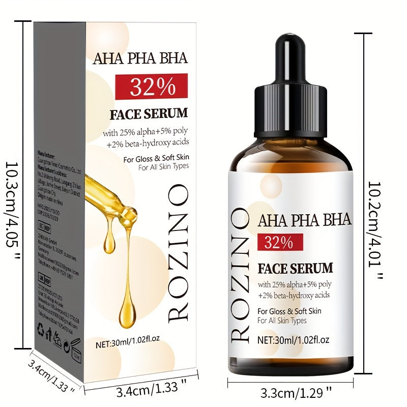 ROZINO 30ml Yuz Serumi AHA 32% + BHA 3% - Chuqur namlanish, chiziqlar va teshiklarni silliqlaydi, hid qo'shilmagan, gippoallergen. Barcha teri turlari, shu jumladan sezgir teri uchun mos.
