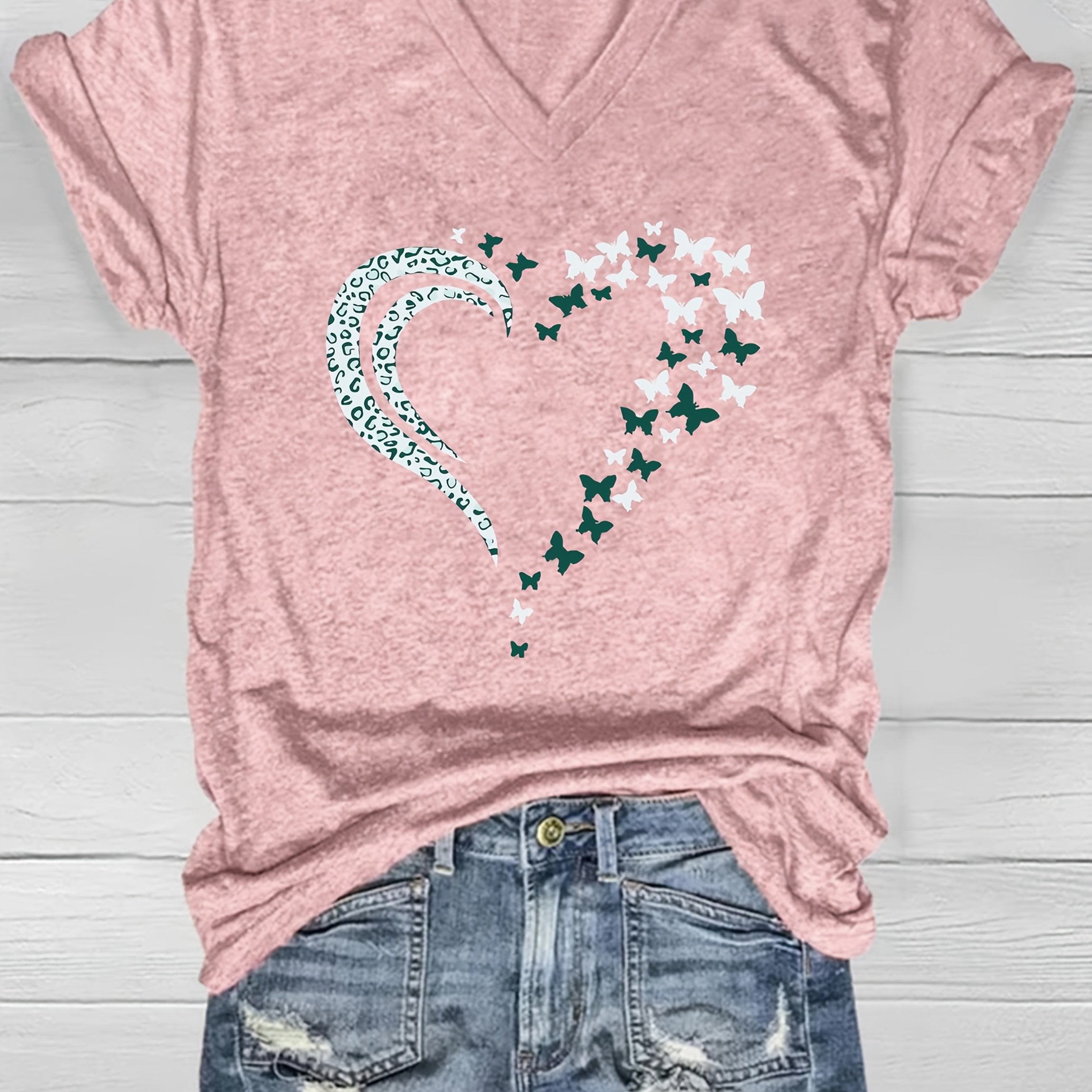 Women's V-Neck Short Sleeve T-Shirt Teal Polyester Blend Casual Summer Top