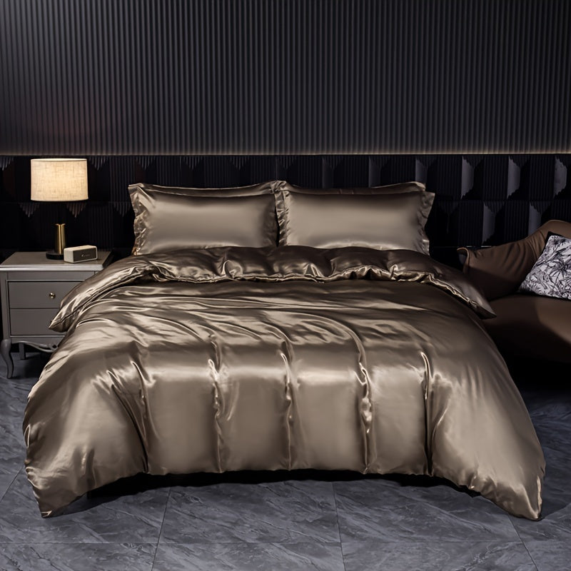 Luxurious Satin Bedding Set 4-Piece Zipper Closure Solid Color for Home Guest Hotel