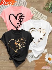 Women's Polyester Casual T-Shirts Set 3 Pack Large Size Heart Butterfly Patterns