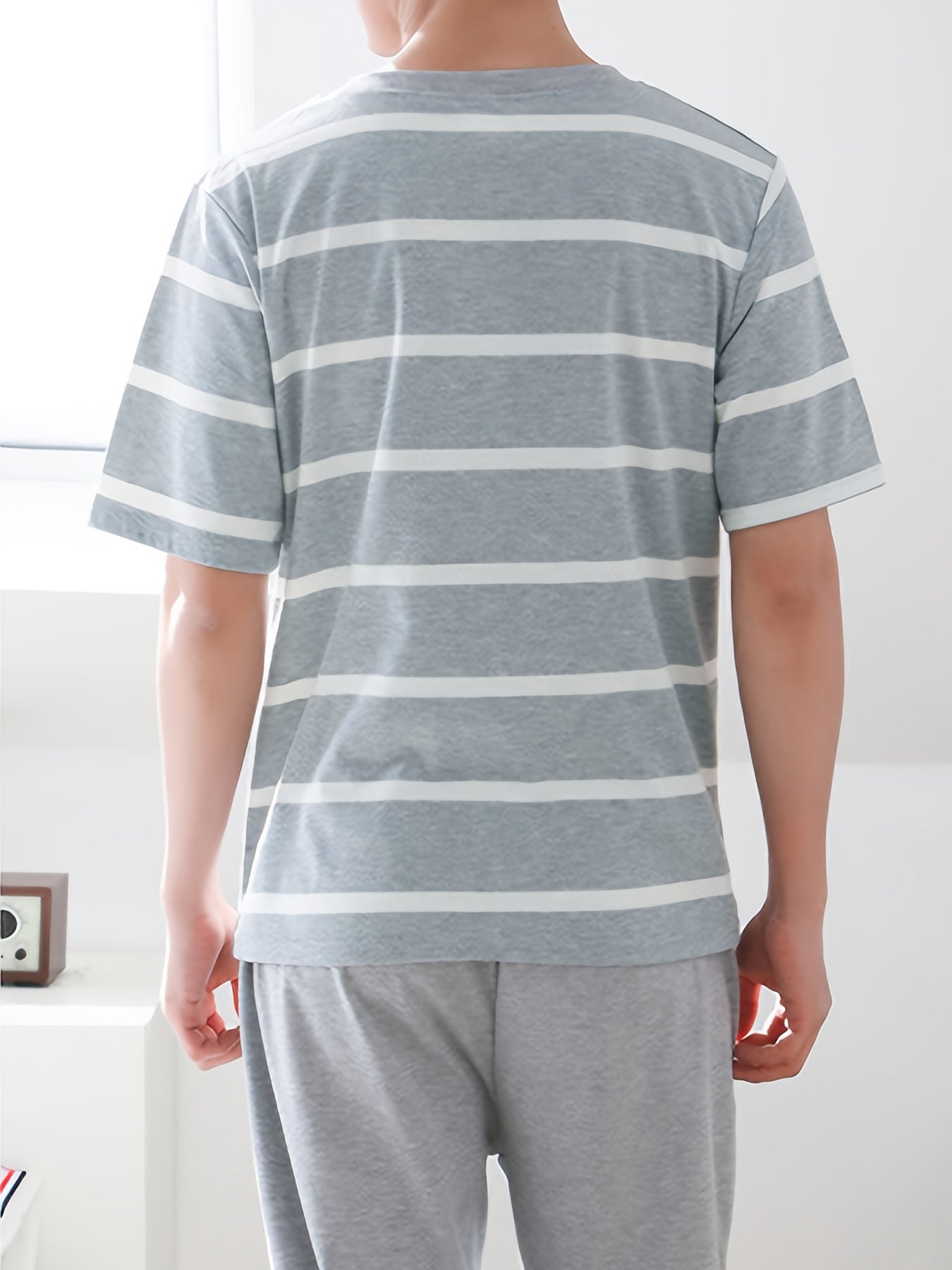Men's Gray Striped Short Sleeve Pajama Set with Long Pants Lounge Wear