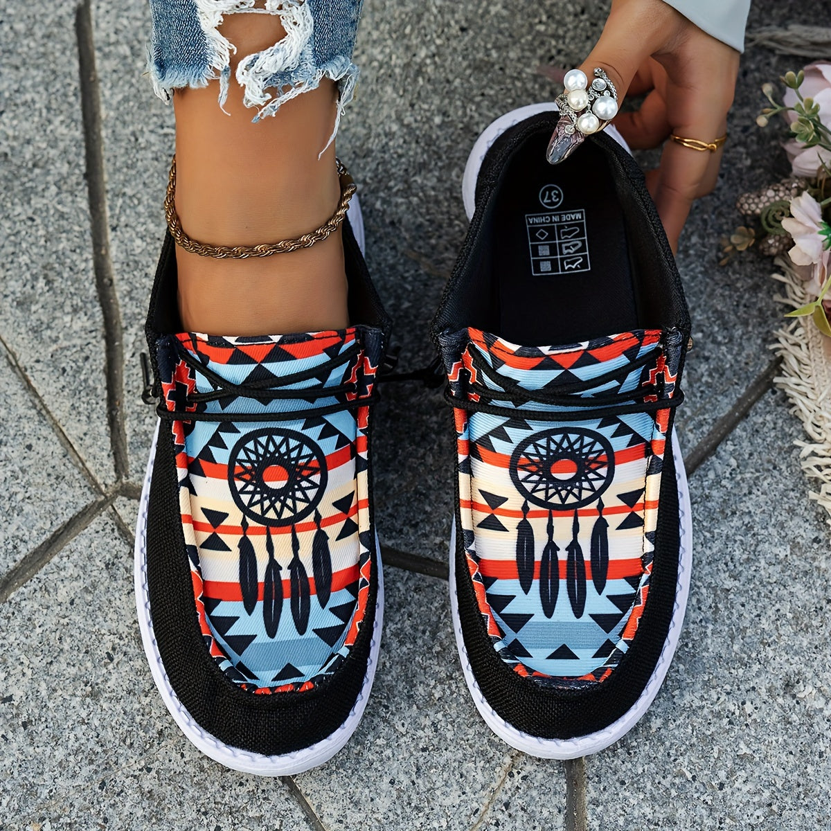 Women's Black Breathable Slip-On Flat Sneakers with Elastic Straps