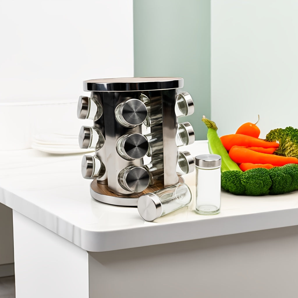 Stainless Steel Spice Rack Set with Glass Jars, Rotating Base, 12 Pieces