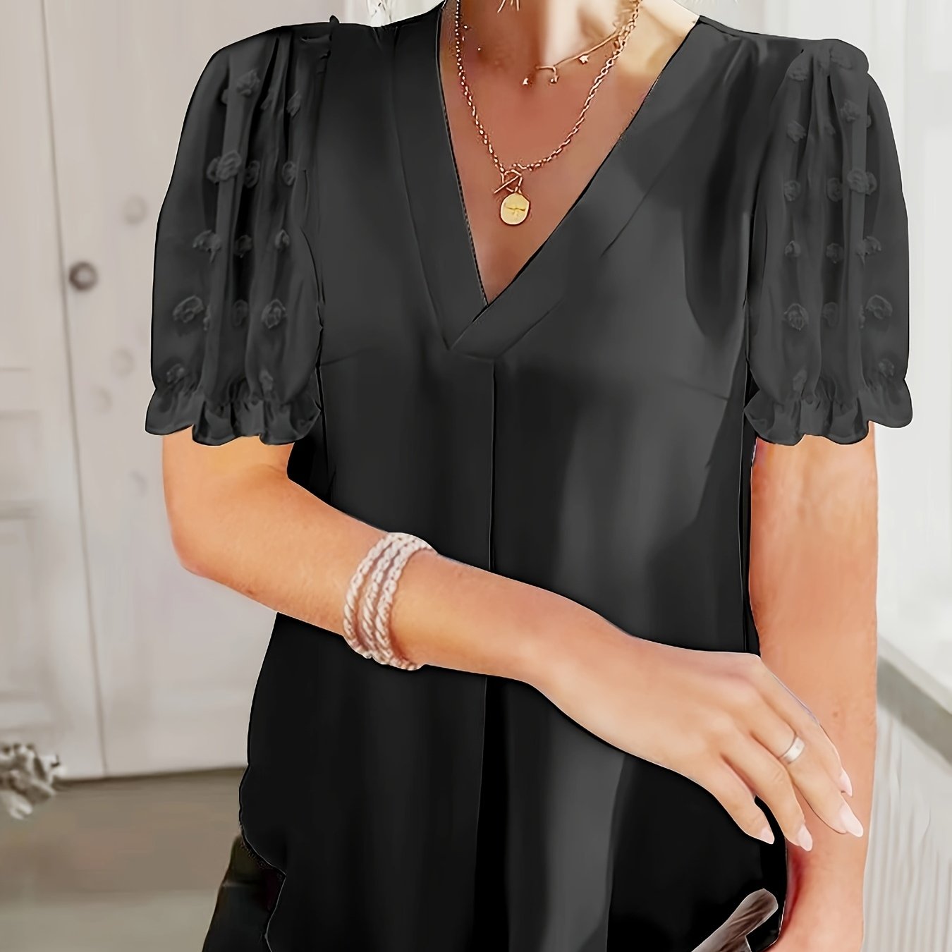 Women's Swiss Dot Mesh V-Neck Blouse Short Sleeve Lace Trim Summer White