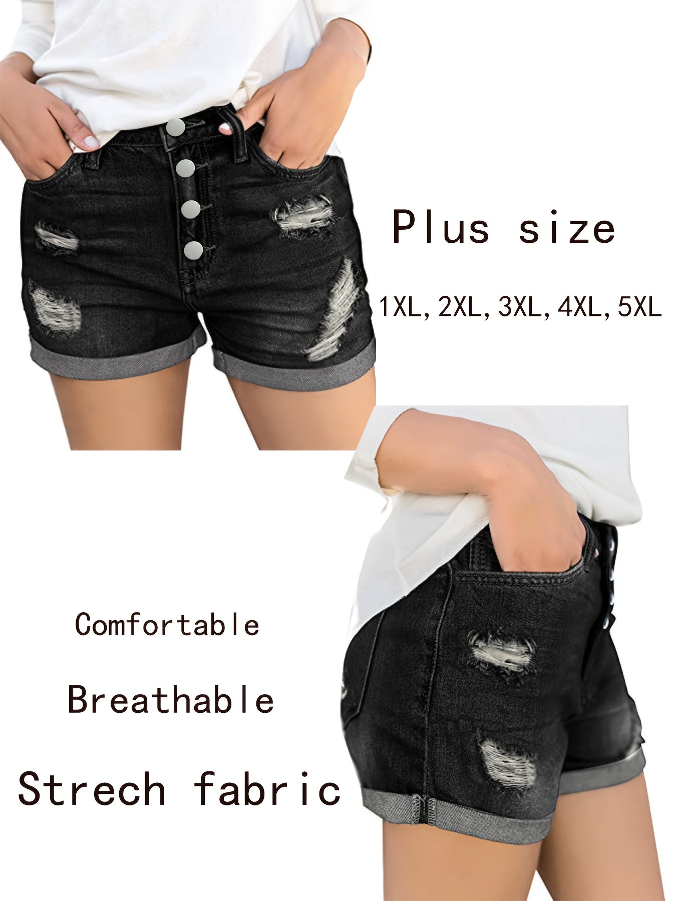 Women's Plus Size Black Distressed Denim Shorts Ripped Rolled Hem