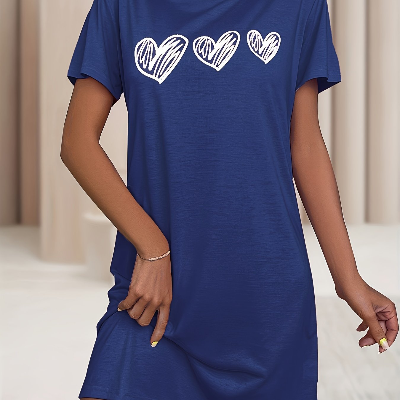 Women's Heart Pattern Sleep Dress Soft Stretchy Short Sleeve Nightgown