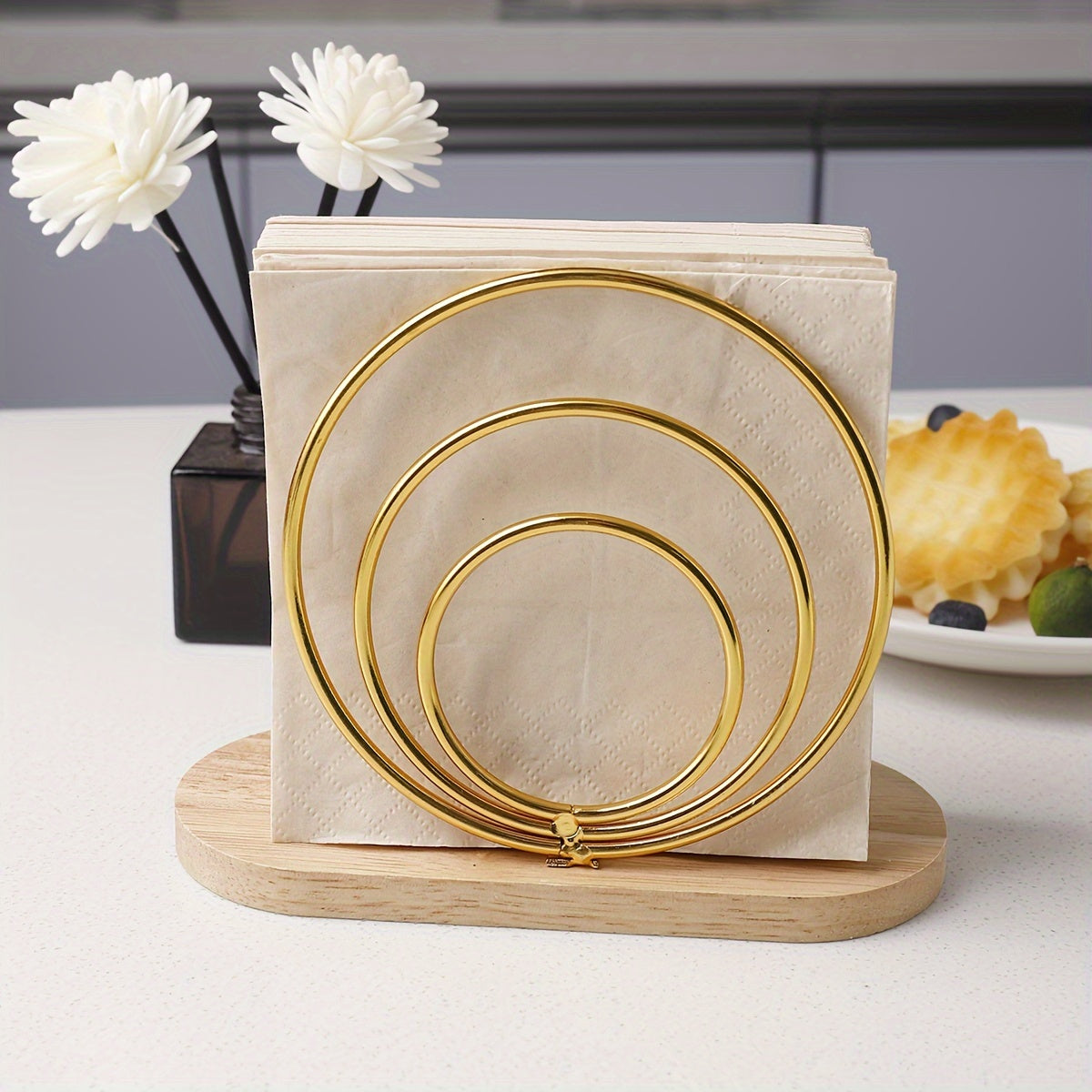 Porta servilletas de hierro fundido dorado con base de madera, estilo vintage, decoración de mesa