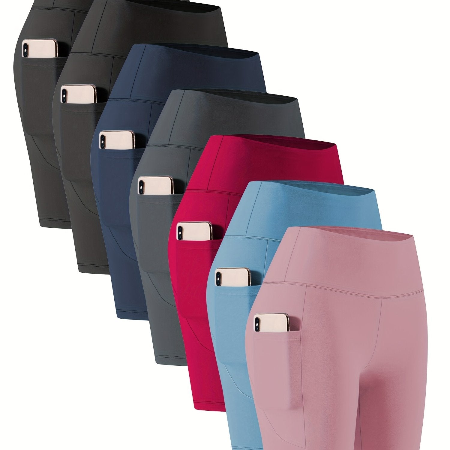 Pantalones capri de cintura alta elásticos para mujer con bolsillos en forma de luna creciente, pack de 7, negro