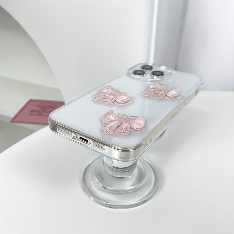 Transparent Acrylic Phone Case for iPhone 11-15 Pro Max with Red Bow and Handmade Drip Glue Design