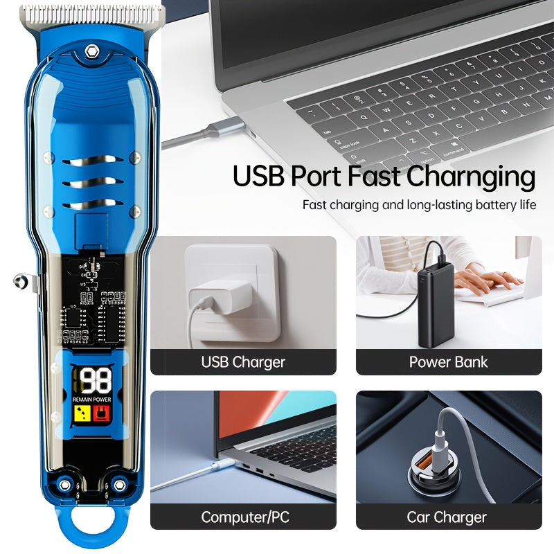 Прозрачный набор машинки для стрижки волос с ЖК-дисплеем, USB-заряжаемый. Подходит для использования в салоне и дома. Включает литиевый аккумулятор и зажимы для волос.