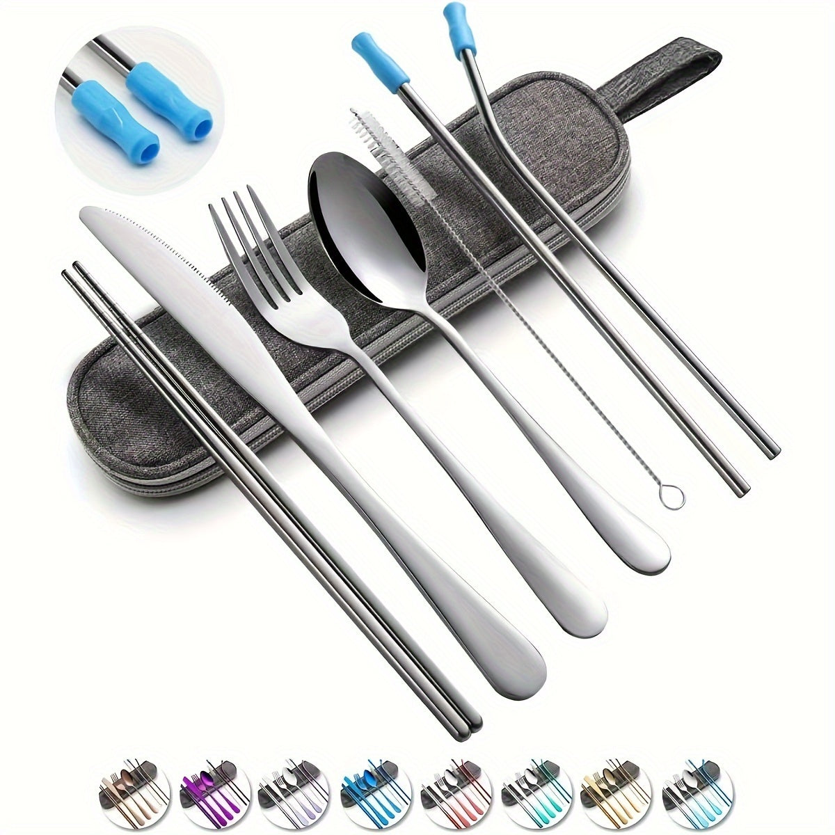 Camping Cutlery Set with 8 Stainless Steel Pieces Knife Fork Spoon Chopsticks and Carry Case