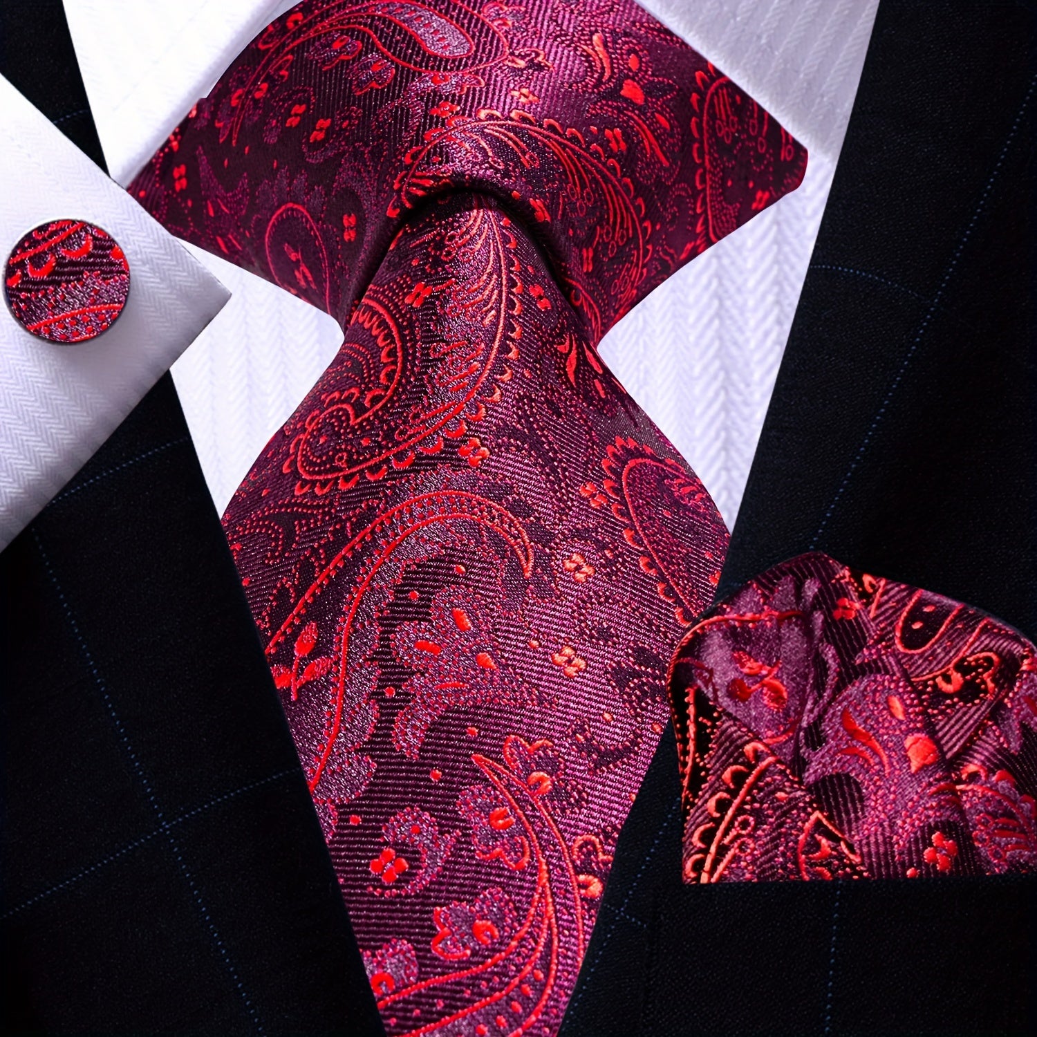 Men's Necktie Pocket Square Cufflinks Set for Wedding Business Party