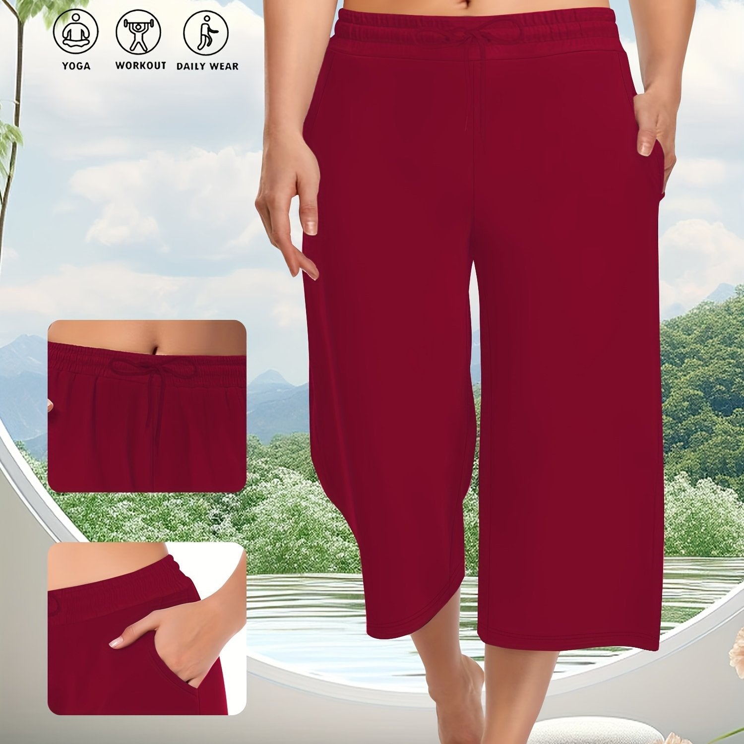 Women's Plus Size Drawstring Wide-Leg Pants with Pockets Gray Casual Summer