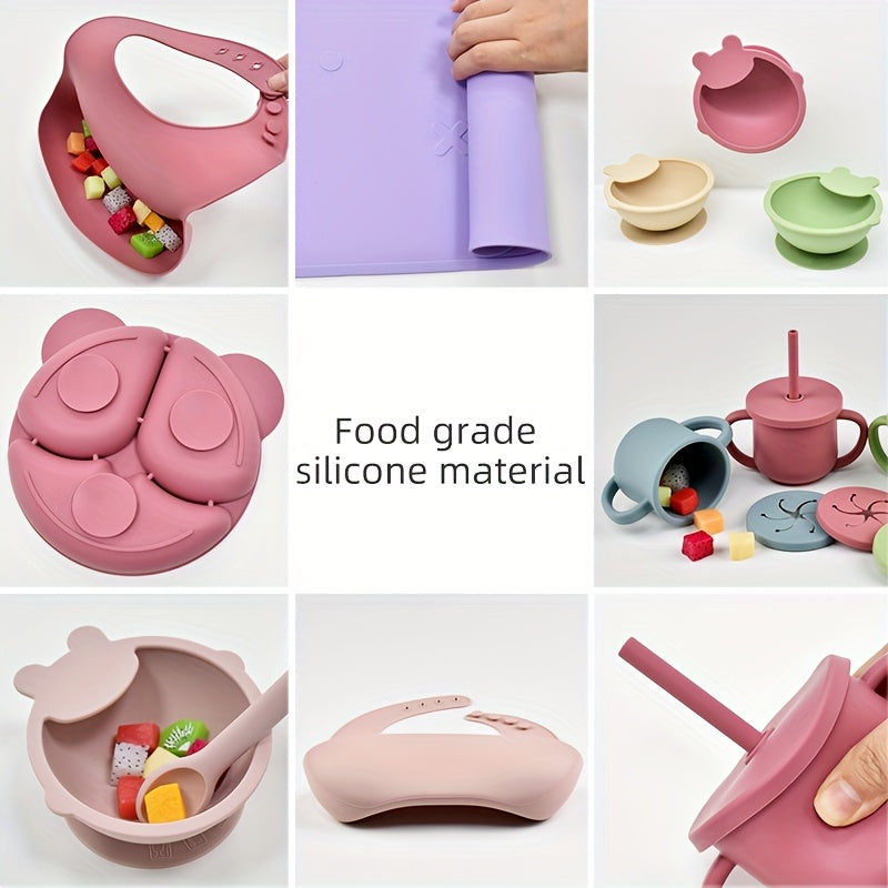 Silicone Baby Feeding Set 10 Pieces for Ages 0-3 Non-Slip Plate Bowl Bib Straw Cup Spoon Fork
