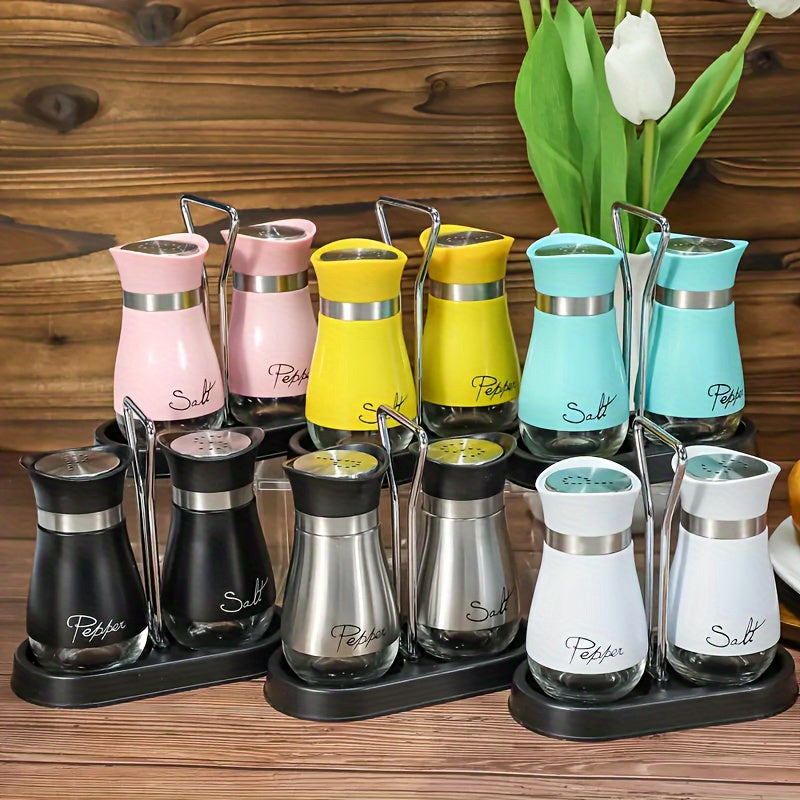 Set of 2 Glass Salt and Pepper Shakers with Holder, 4 oz Refillable Stainless Steel Lids