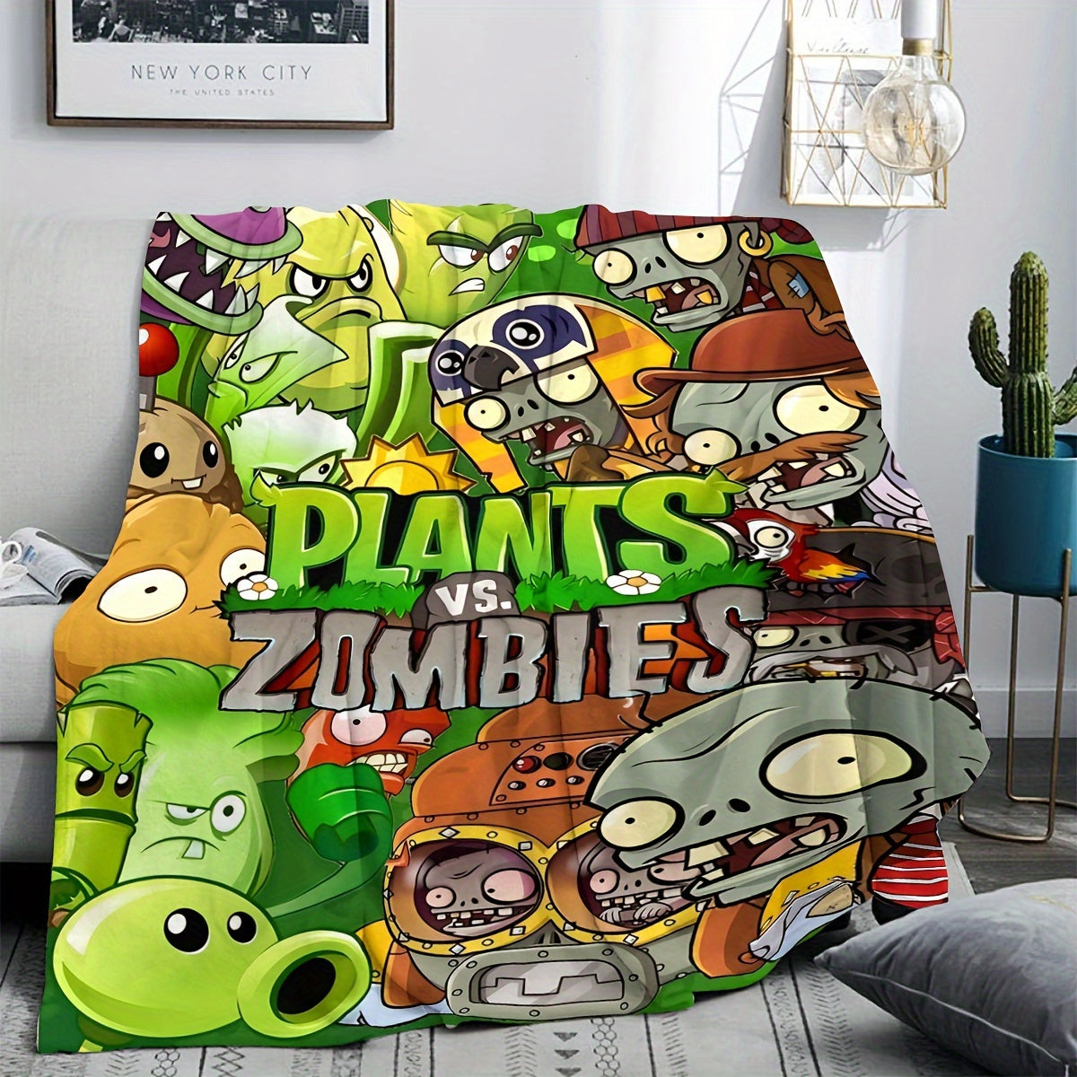 Fleece Blanket with Plants vs Zombies Print Knitted Soft Throw for All Seasons