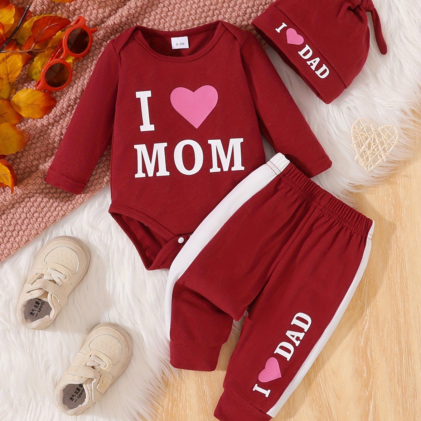 Baby Girl Boy 3-Piece Knit Pant Set with Matching Hat I Love Mom Dad Fall Winter